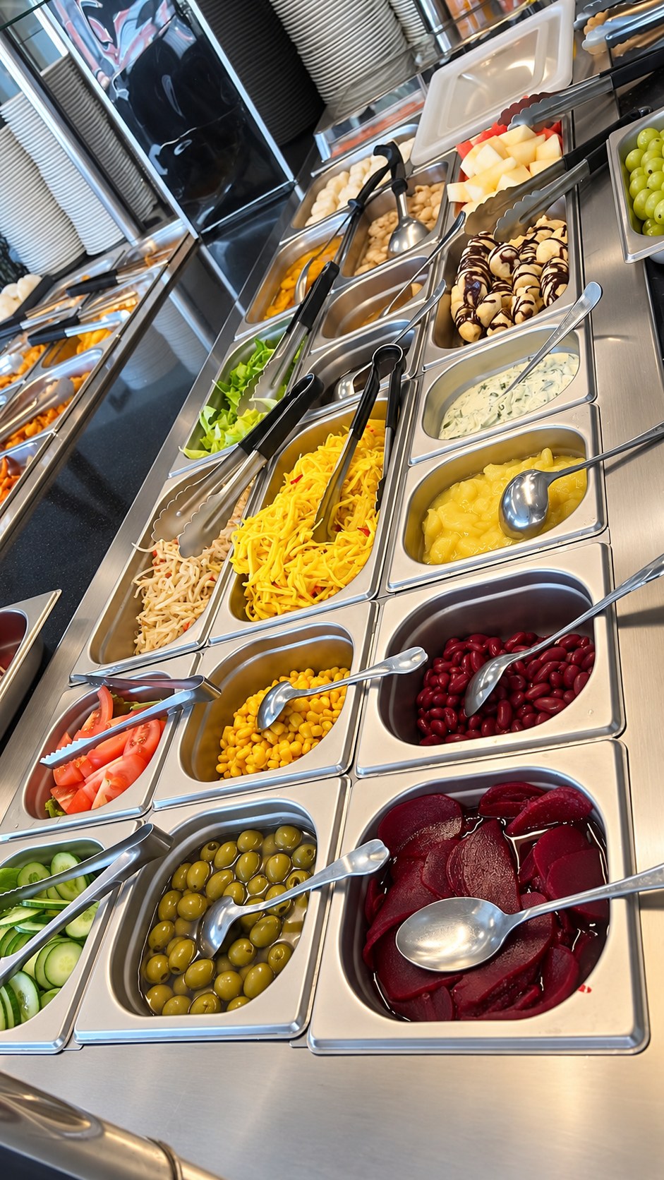 Salad buffet with vegetables, sweetcorn, olives and other side dishes