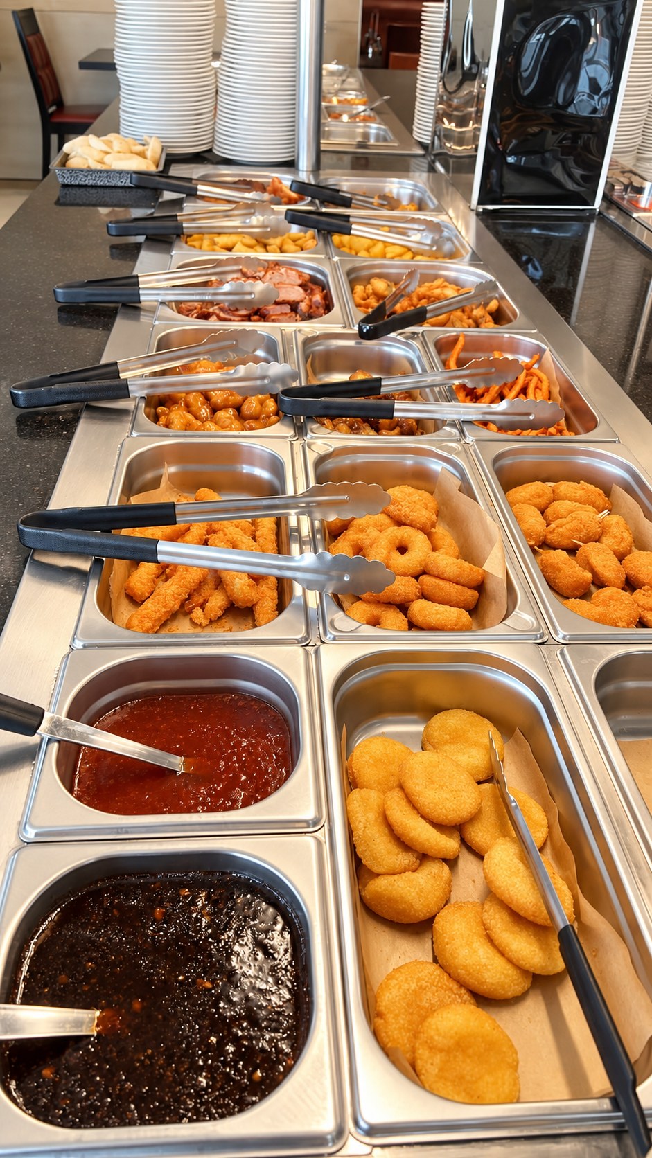 Various hot buffet dishes and sauces