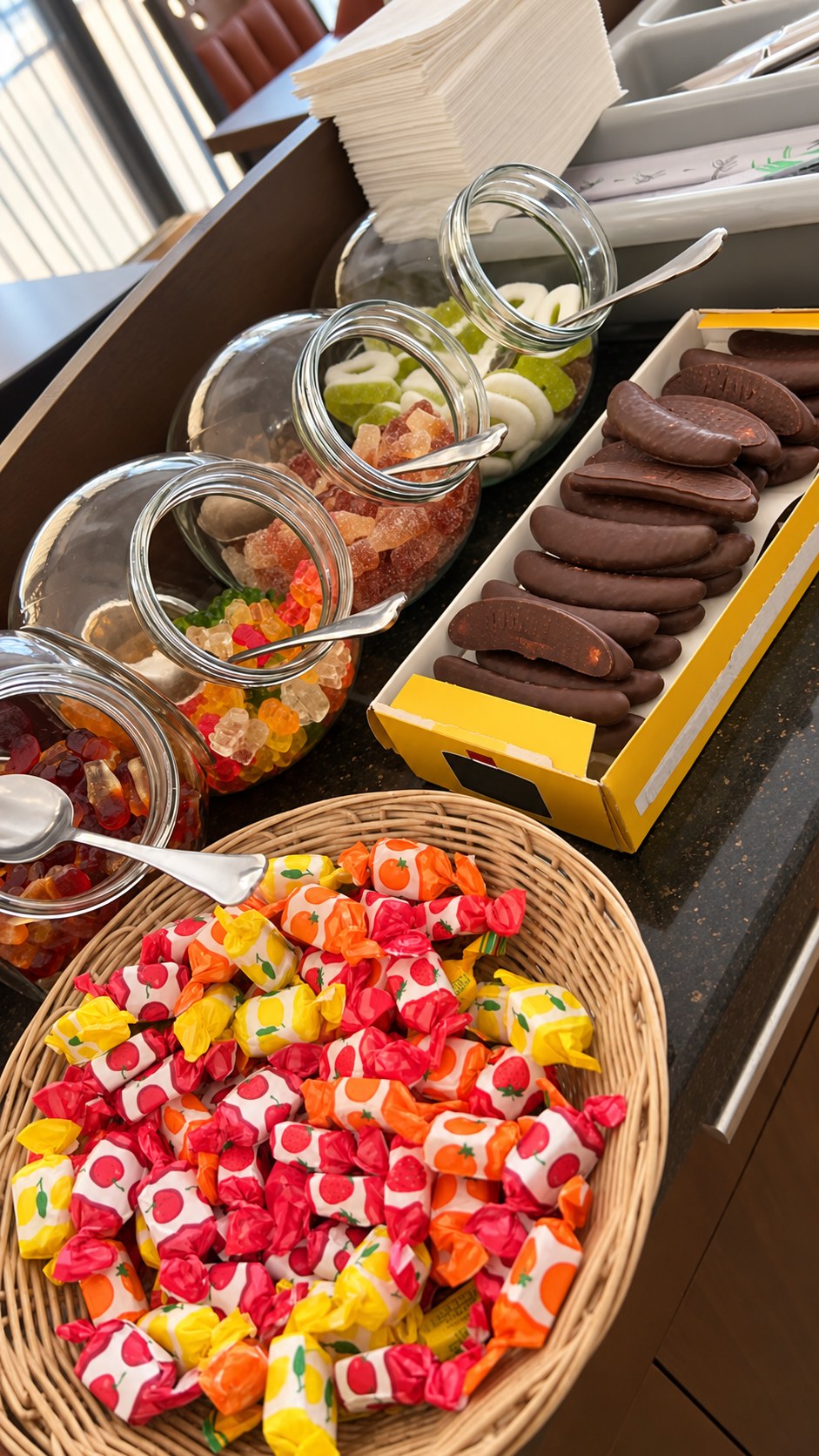 Sweets, fruit gums and chocolate at the buffet