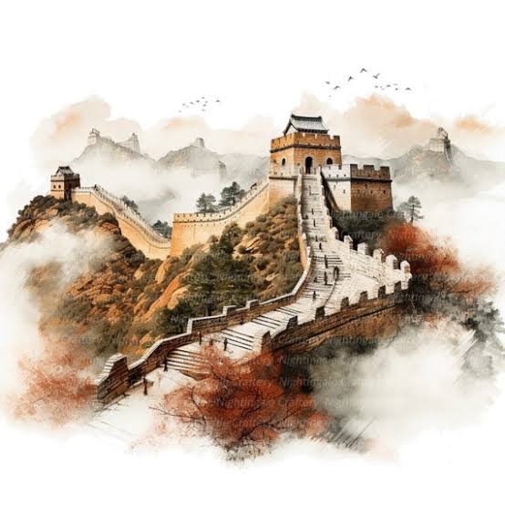 Illustration of the Great Wall of China among mountains and autumn trees