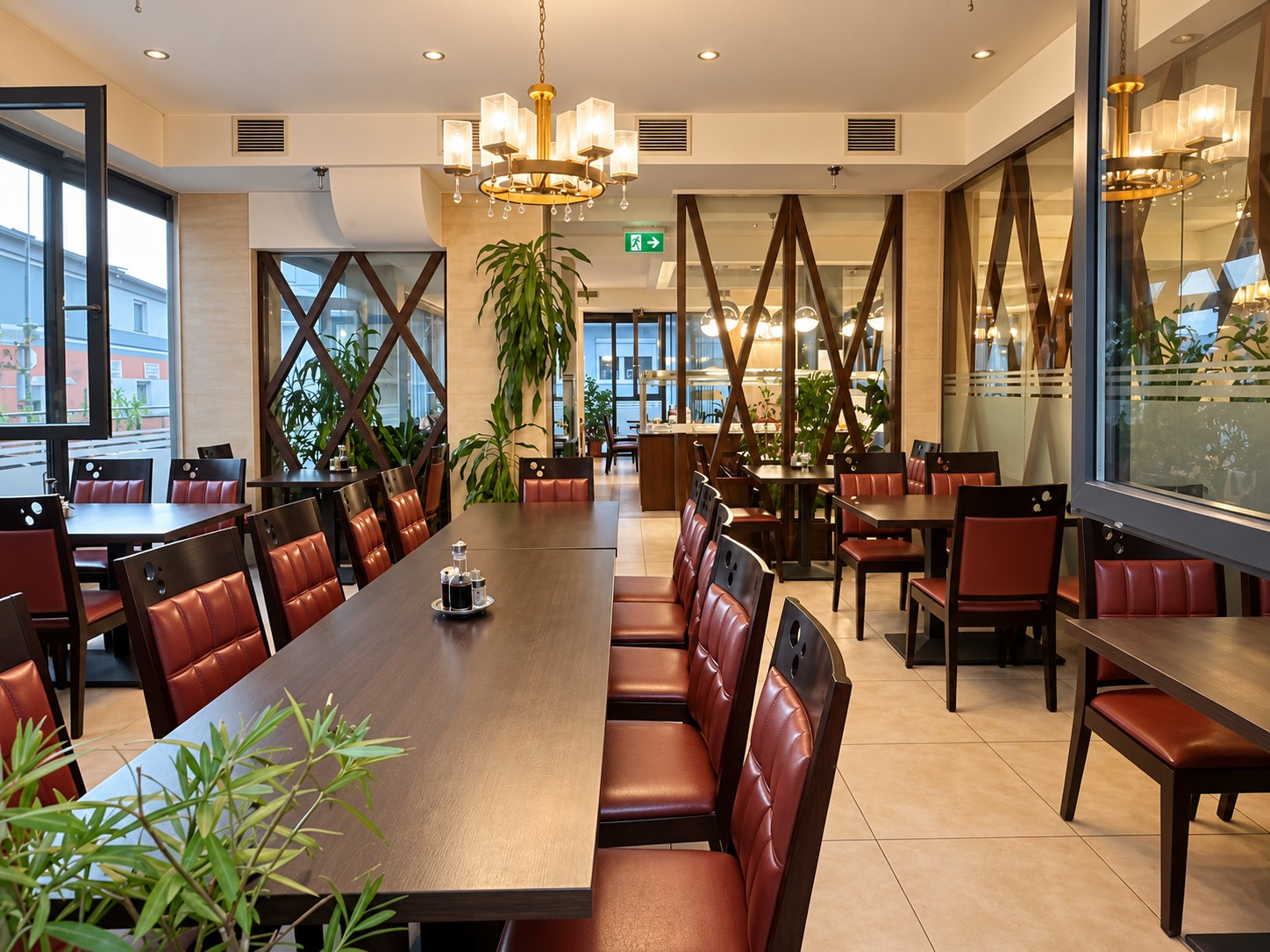 Dining room with long tables, plants and large windows